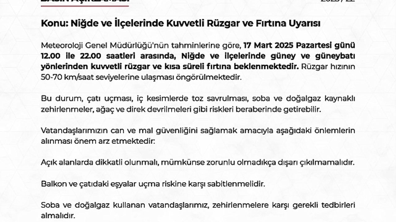 Niğde ve ilçelerinde kuvvetli rüzgar ve fırtına bekleniyor