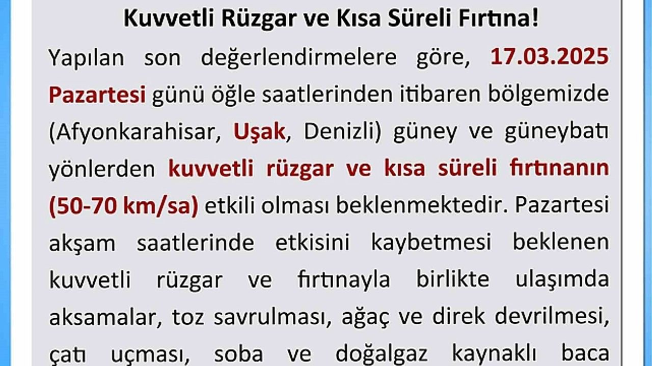 Uşak Valiliğinden kuvvetli rüzgar ve fırtına uyarısı