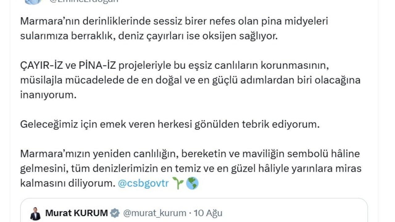 Emine Erdoğan"dan Marmara Denizi"nde başlatılan pina midyeleri ve deniz çayırları projesine ilişkin paylaşım: