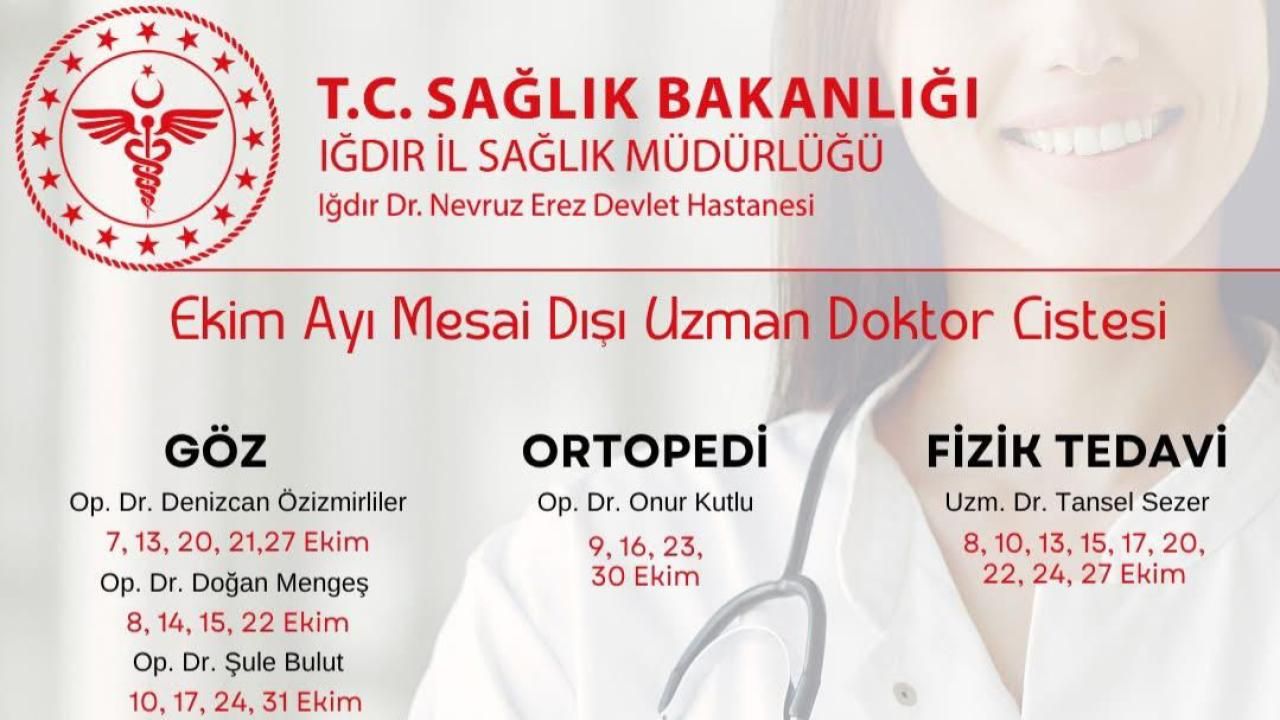 Dr. Nevruz Erez Devlet Hastanesi"nden Ekim Ayı Mesai Dışı Poliklinik Listesi Açıklandı