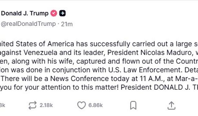 Trump, Venezuela'ya saldırıyı doğruladı: 'Maduro ve eşi yakalanarak ülkeden çıkarıldı'