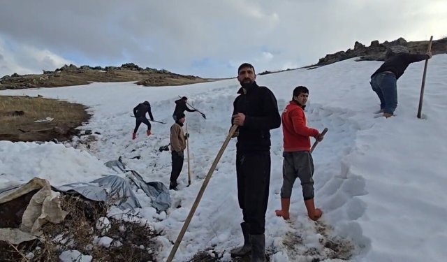 Iğdır’da, Ağrı Dağı eteklerinde kar depolama mesaisi