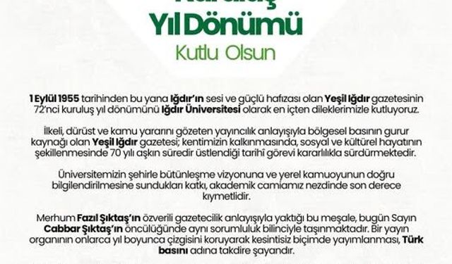 Iğdır Üniversitesi’nden Yeşil Iğdır Gazetesi’ne 72. Yıl Tebriği
