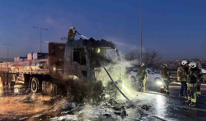 Alev topuna dönen tırdan geriye demir yığını kaldı