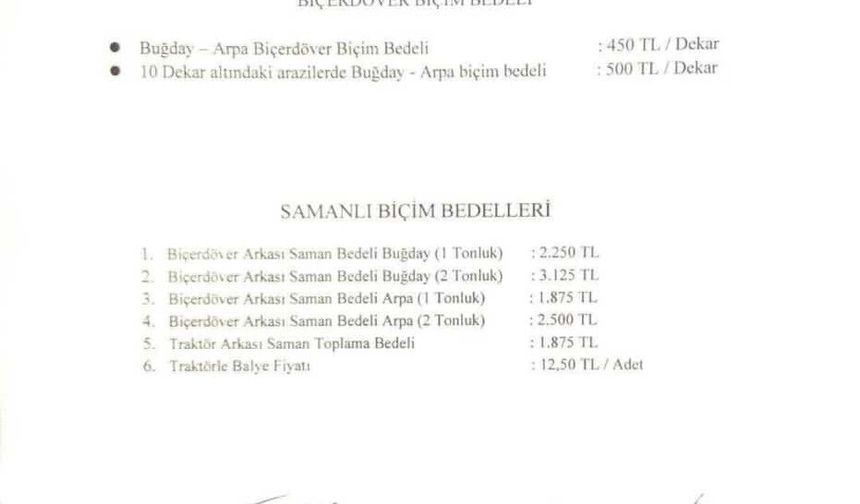 Iğdır’da 2026 Biçerdöver Biçim Fiyatları Açıklandı