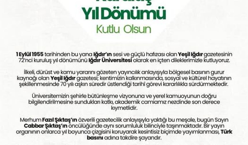 Iğdır Üniversitesi’nden Yeşil Iğdır Gazetesi’ne 72. Yıl Tebriği