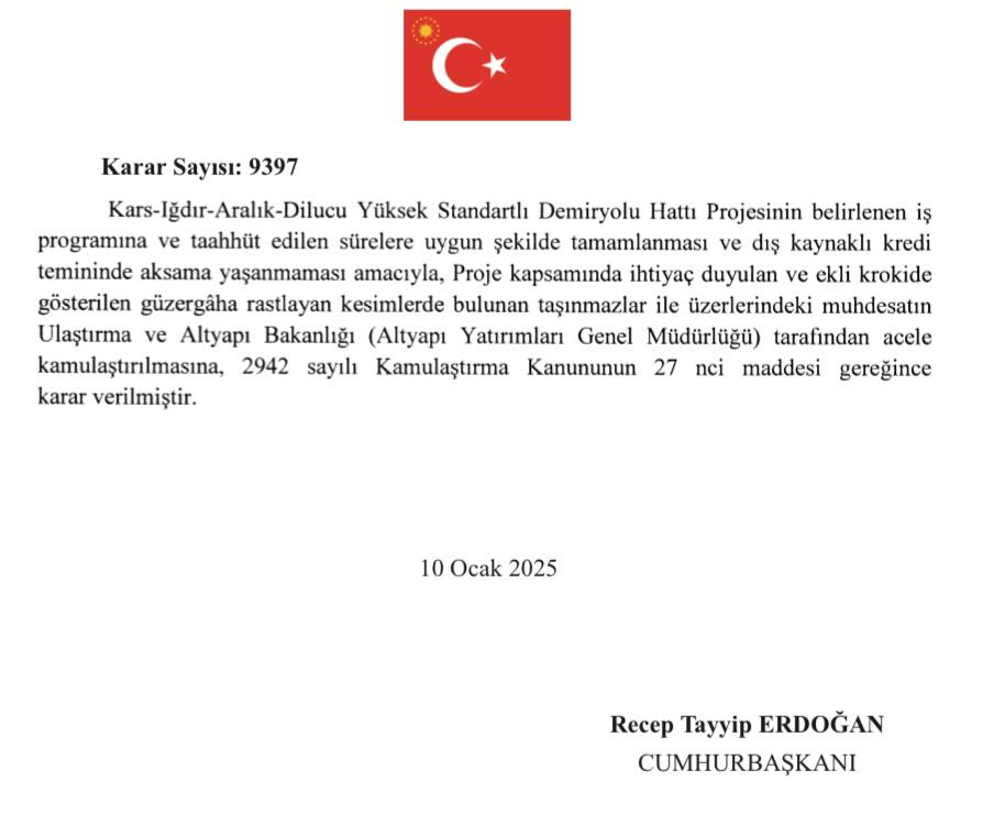 Kars-Iğdır-Nahçıvan Demiryolu Projesinde Acele Kamulaştırma Kararı Onaylandı