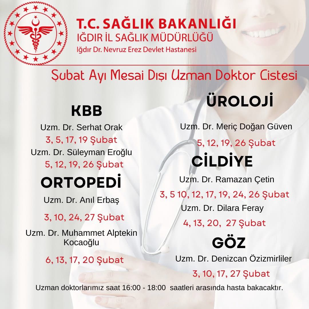 Dr. Nevruz Erez Devlet Hastanesi Şubat Ayı Mesai Dışı Poliklinik Hizmetleri