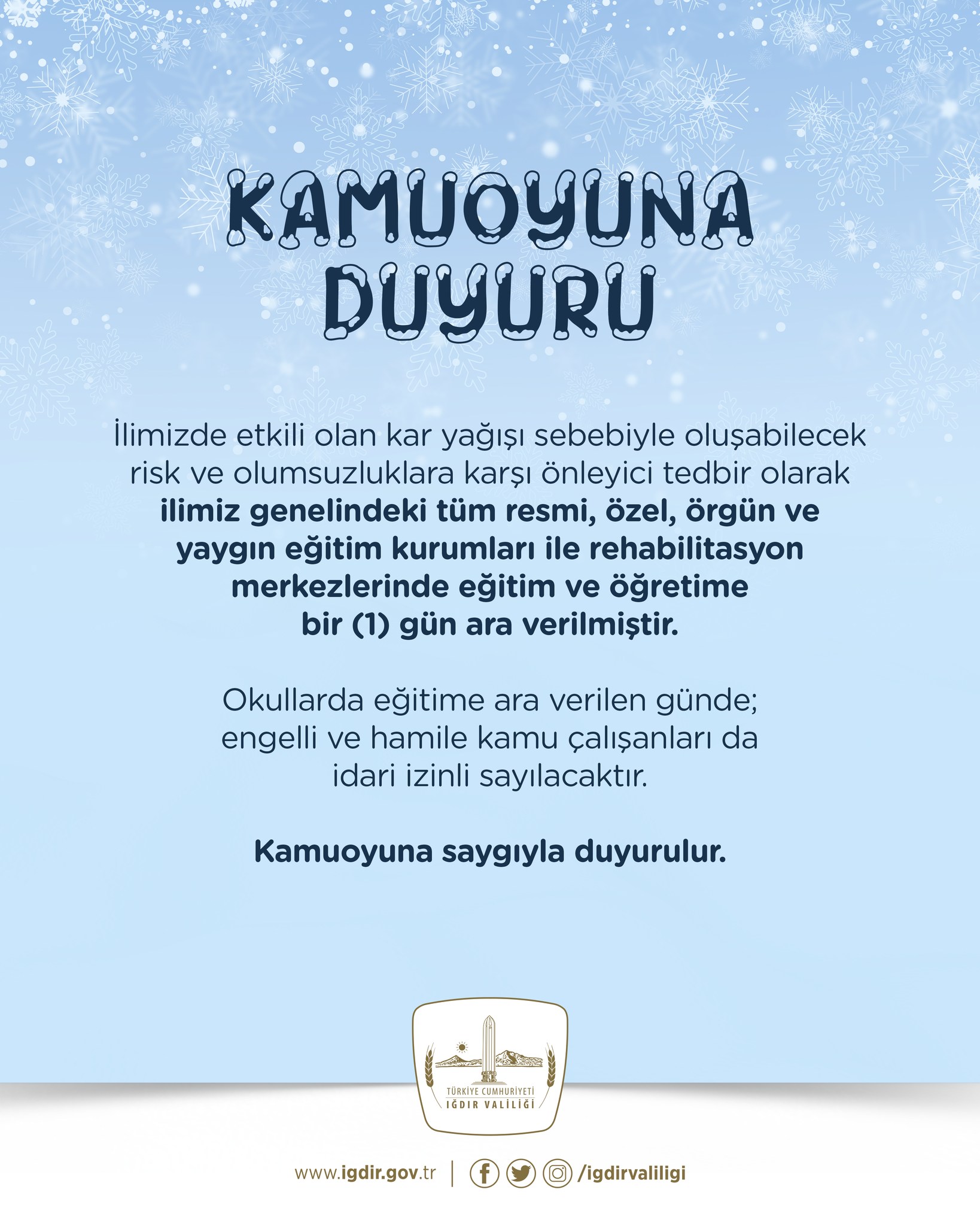 Iğdır''da Eğitime Kar Engeli: Okullar 1 Gün Tatil Edildi